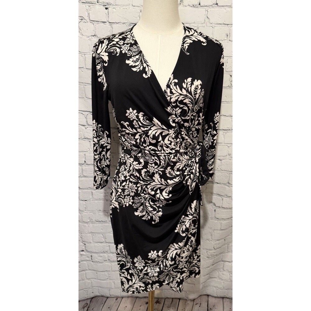 INC International Concept Wrap Dress Black White Floral Tie Waist Petite Medium